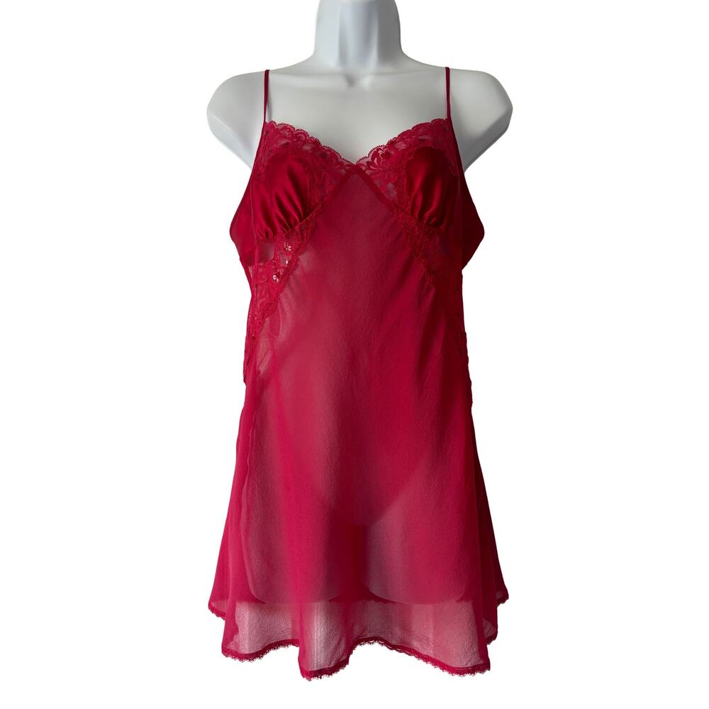 Victoria’s Secret Y2K VTG Red Lace Trim Silk Slip Camisole Nightie Size M
